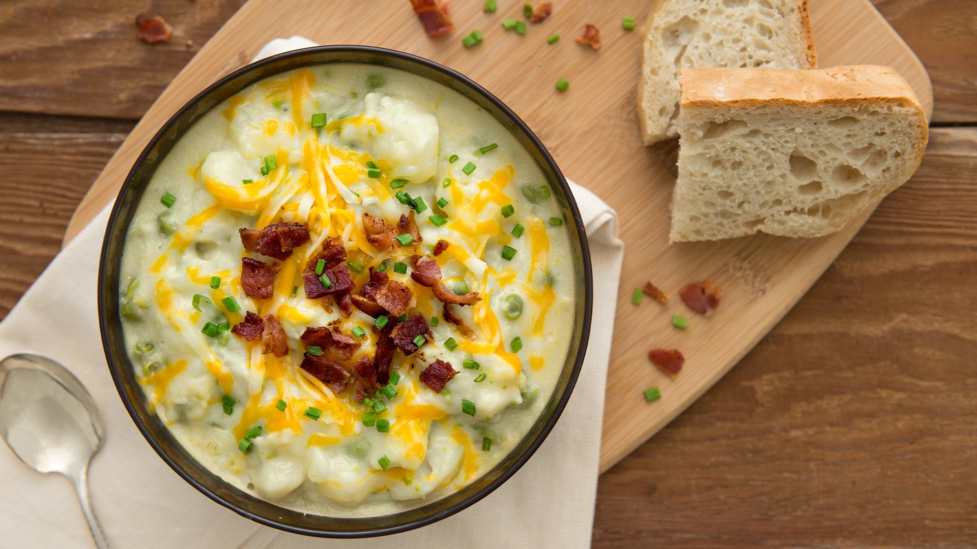 loaded potato soup in a bowl 