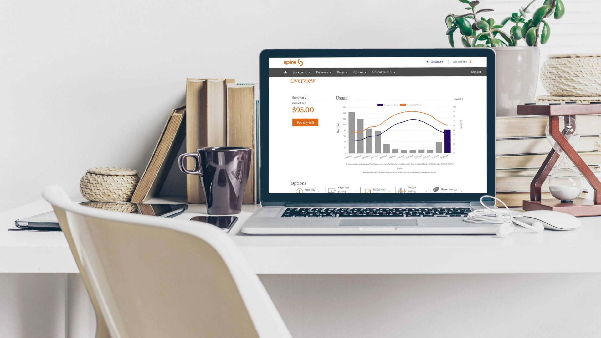 Image of computer on a desk with Spire's online account management tool on the screen