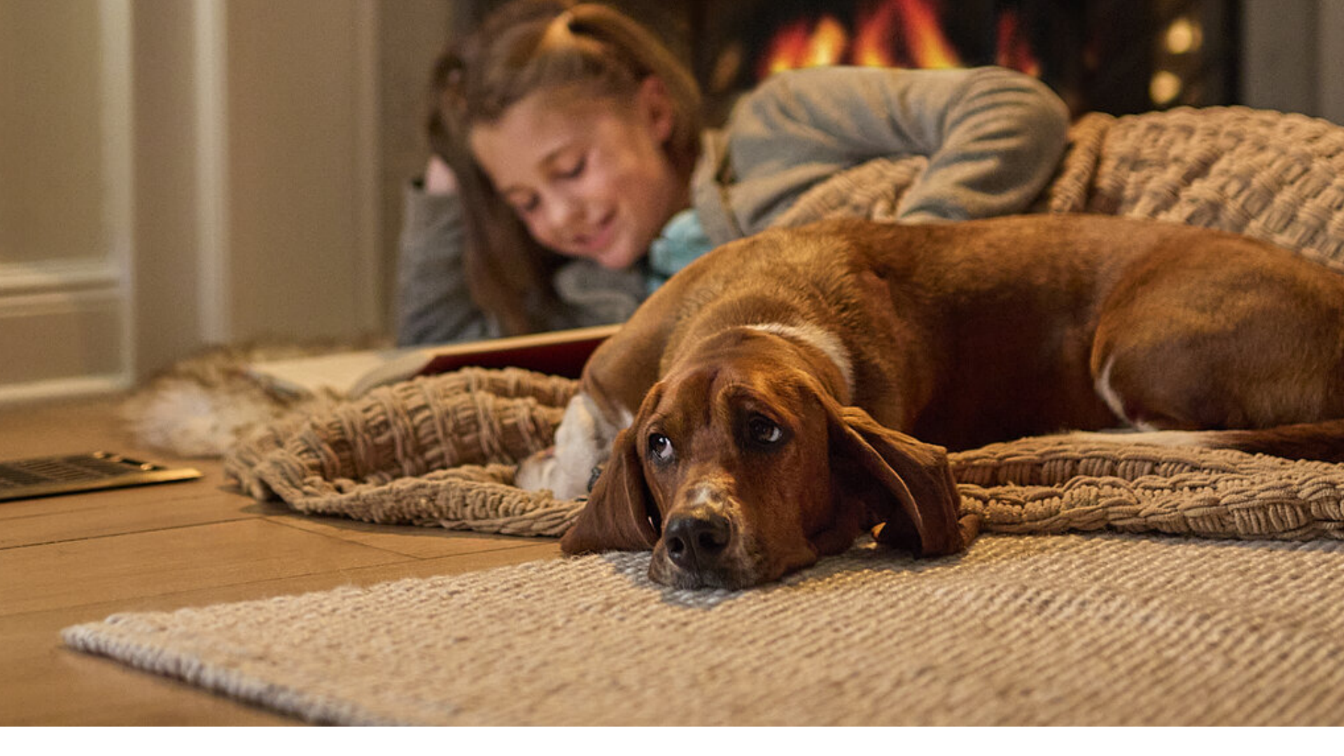 Image of little girl laying by her gas fireplace with her basset hound